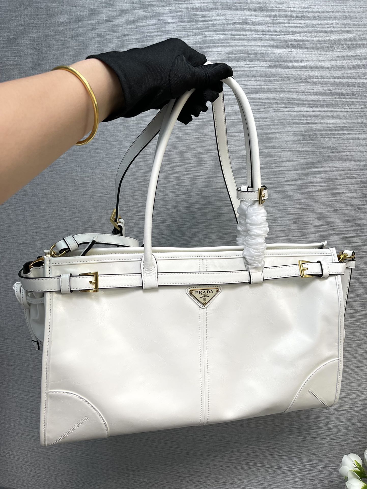 Prada Large LusSolf Leather Handbag Bag Tote White 1BA433